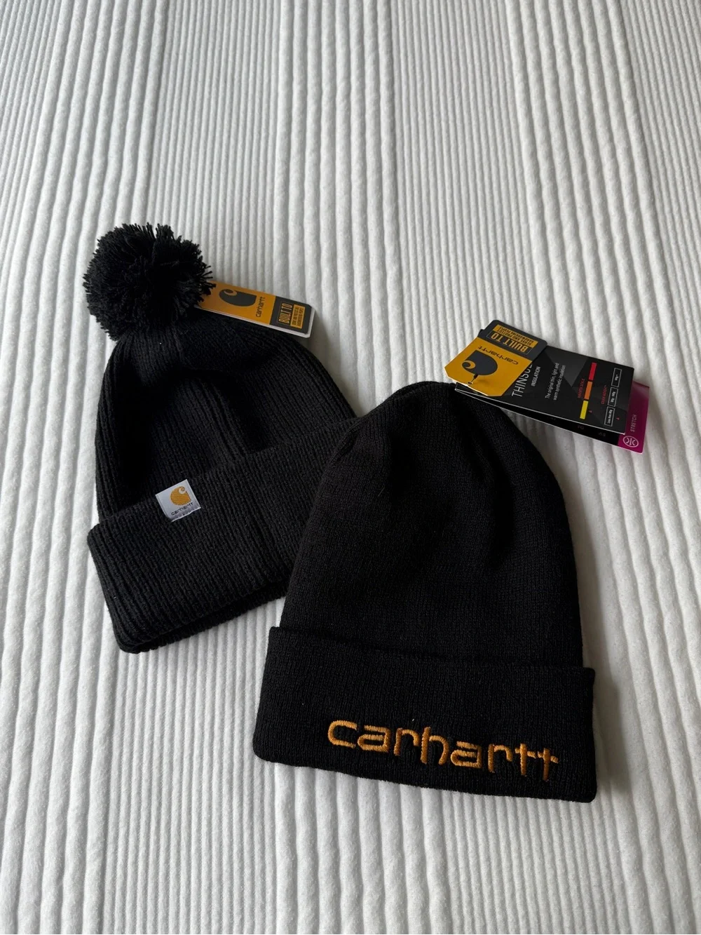 Carhartt Black Beanie Set with Pom Pom and Embroidered Logo
